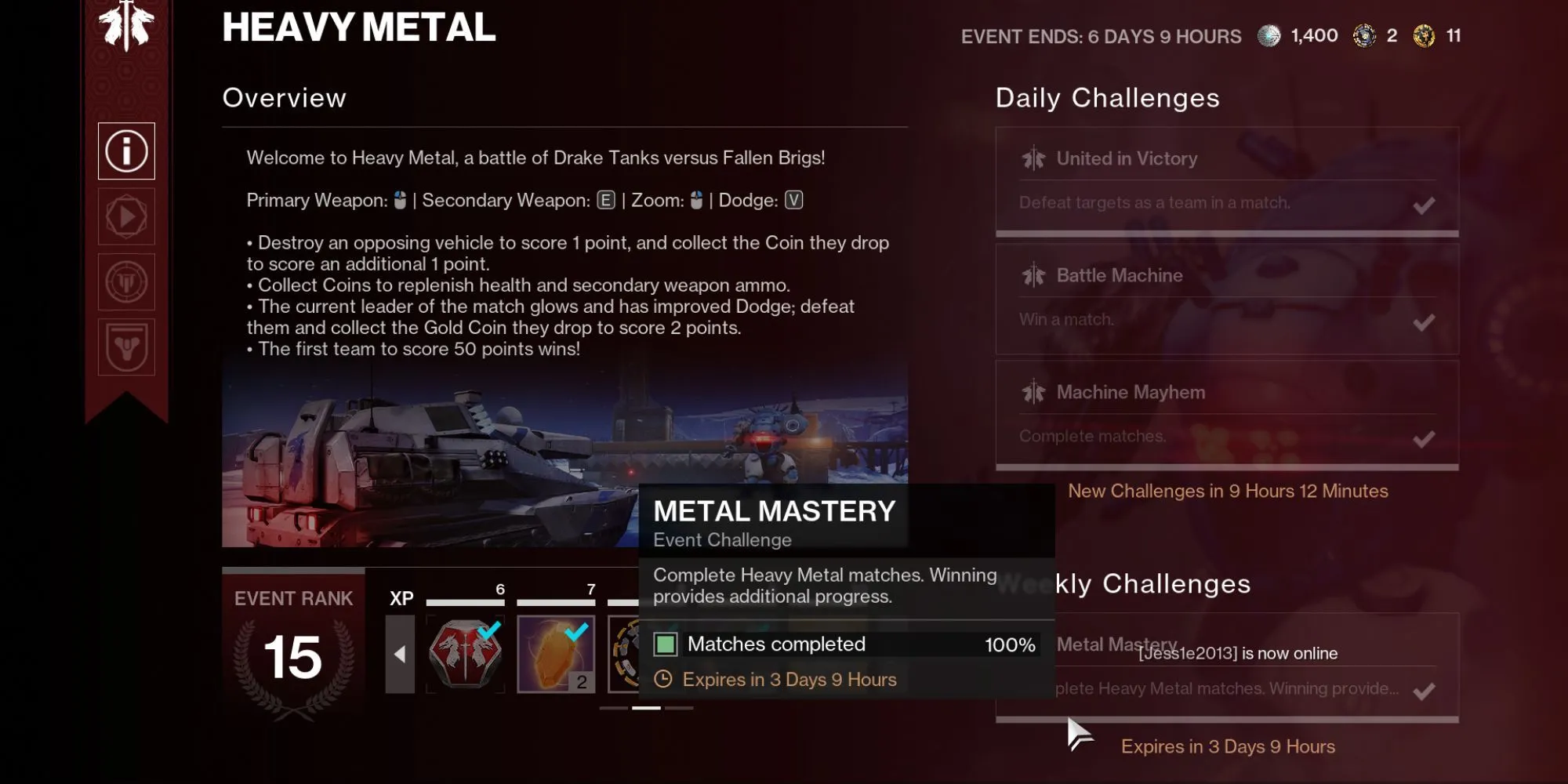 Giao diện Thẻ Sự Kiện (Event Card) trong Destiny 2 cho phép theo dõi nhiệm vụ và phần thưởng.