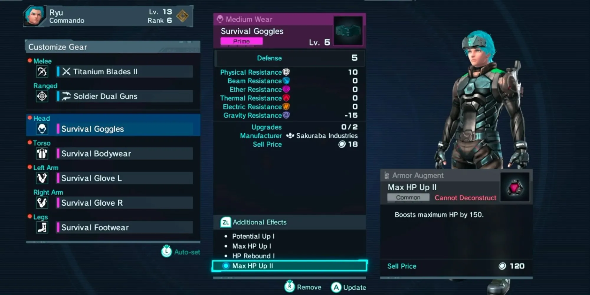Giao diện trang bị Augment vào ô trống trên vũ khí hoặc giáp trong Xenoblade Chronicles X.