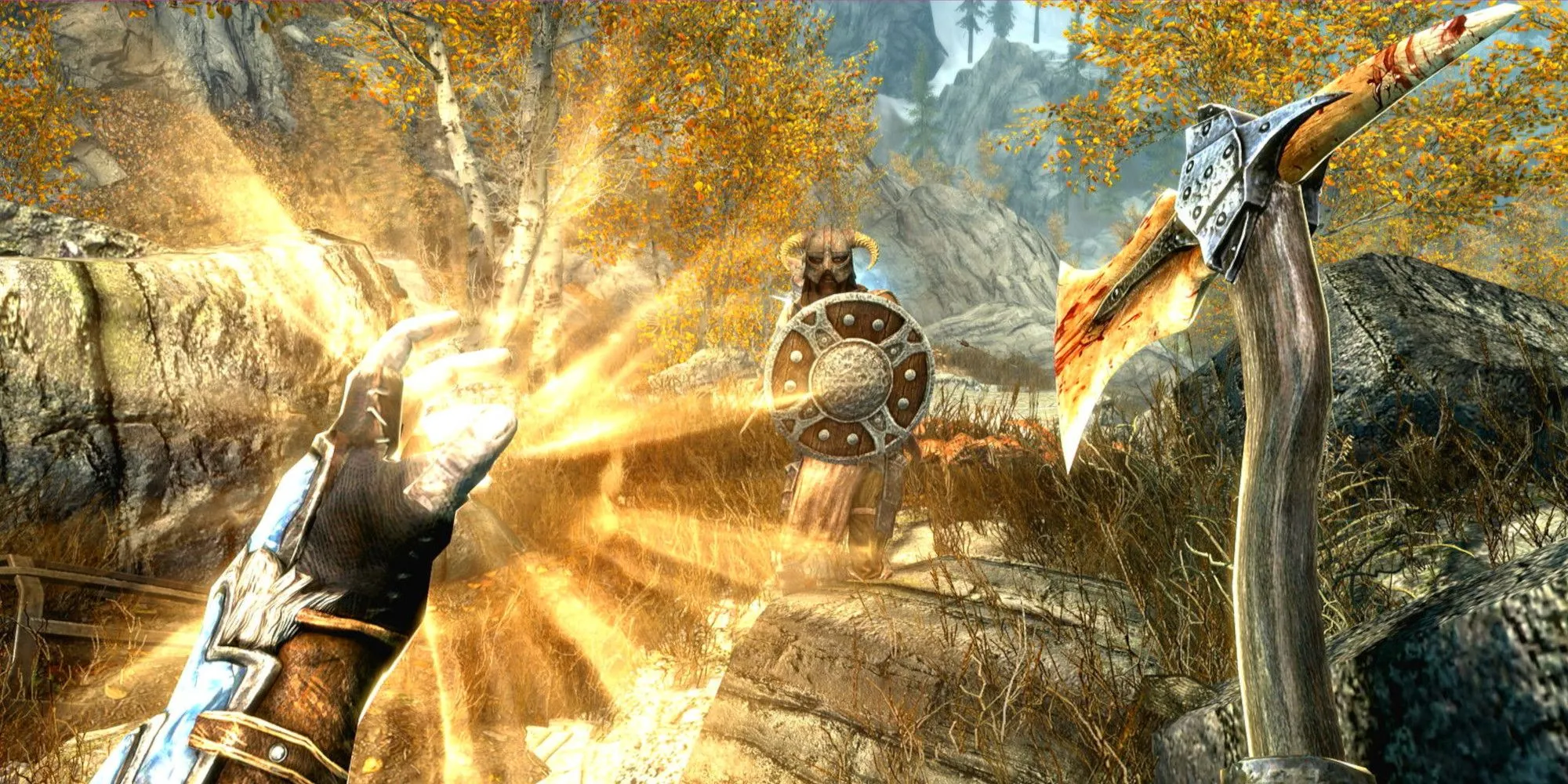 Góc nhìn trong thế giới mở của Skyrim khi tắt HUD, tạo cảm giác khám phá tự do và nhập vai hơn