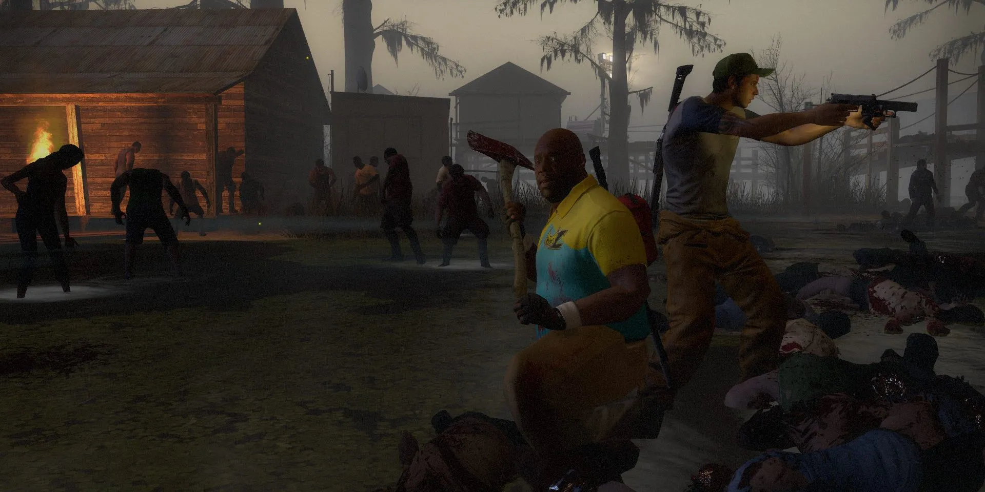 Hai nhân vật Coach và Ellis đang chiến đấu cùng nhau trong Left 4 Dead 2, thể hiện sự cần thiết của phối hợp đội hình
