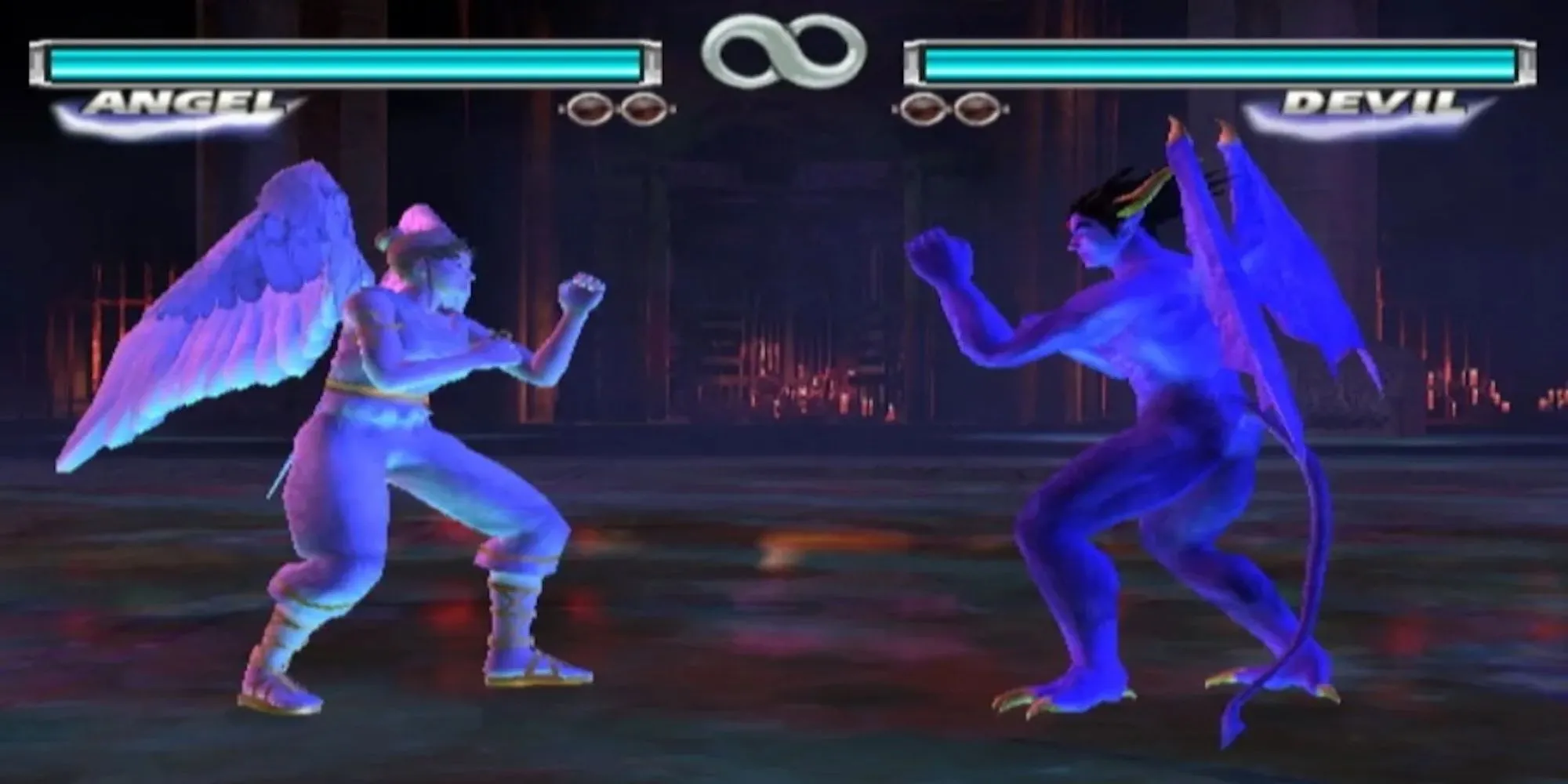 Hai nhân vật đang giao chiến trong game đối kháng Tekken Tag Tournament trên PS2