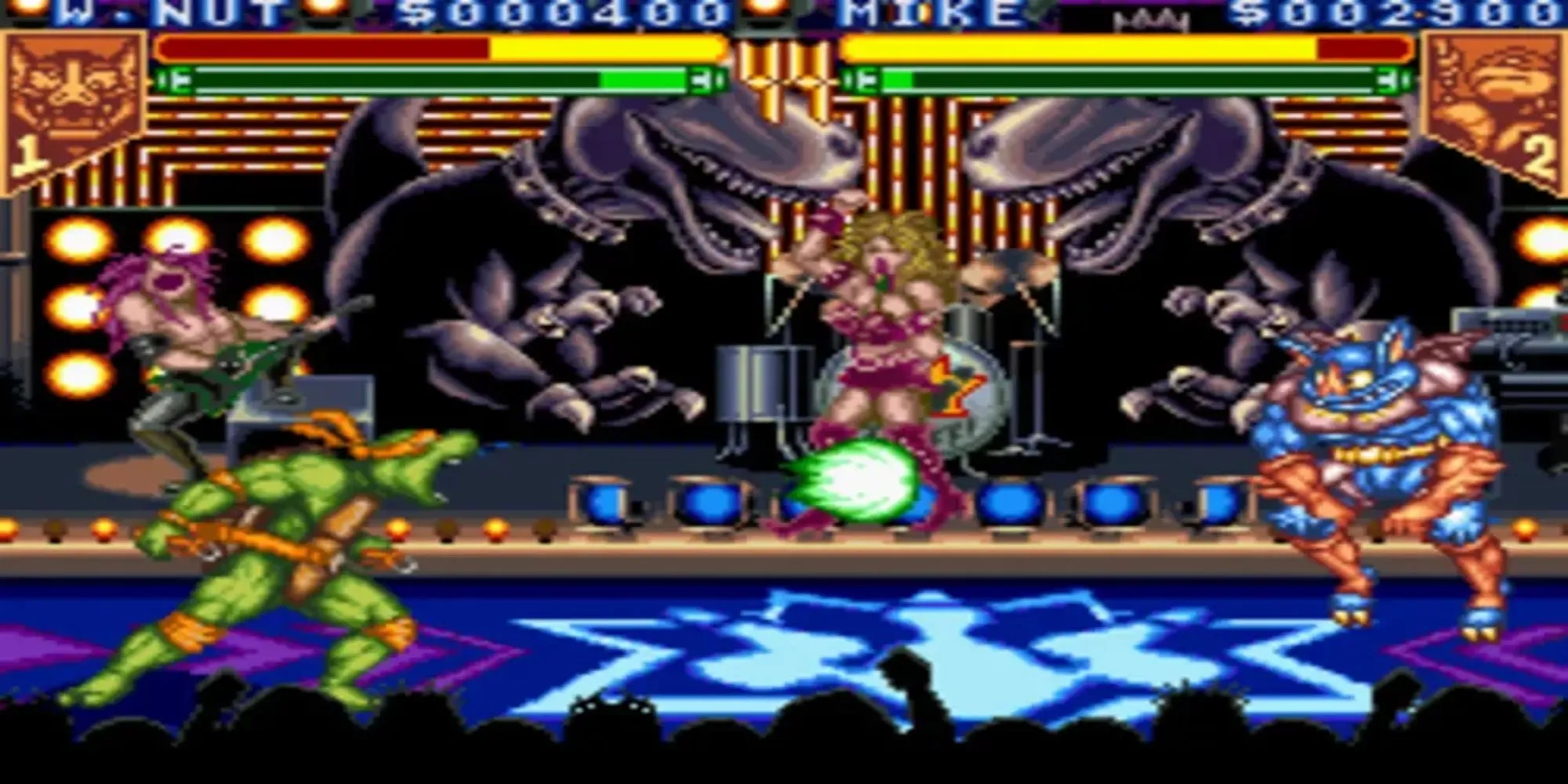 Hai nhân vật trong game đối kháng TMNT Tournament Fighters trên SNES đang giao đấu