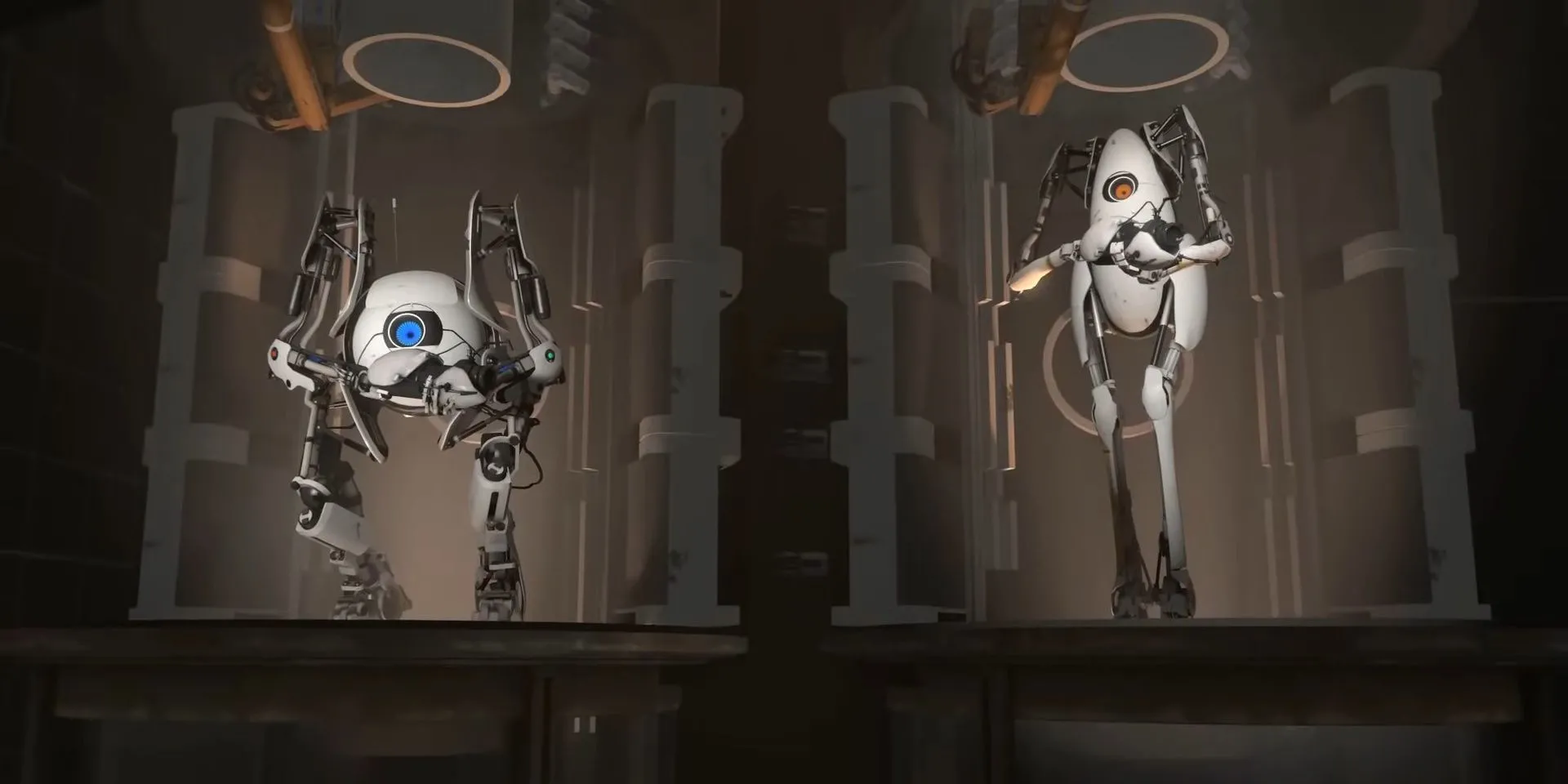 Hai robot Atlas và P-Body trong phần chơi co-op của Portal 2, sẵn sàng tạo cổng không gian để giải đố