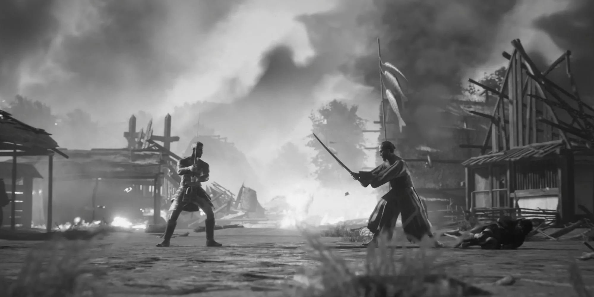 Hai samurai đối đầu trong một cảnh game đen trắng mang phong cách điện ảnh của Trek to Yomi.