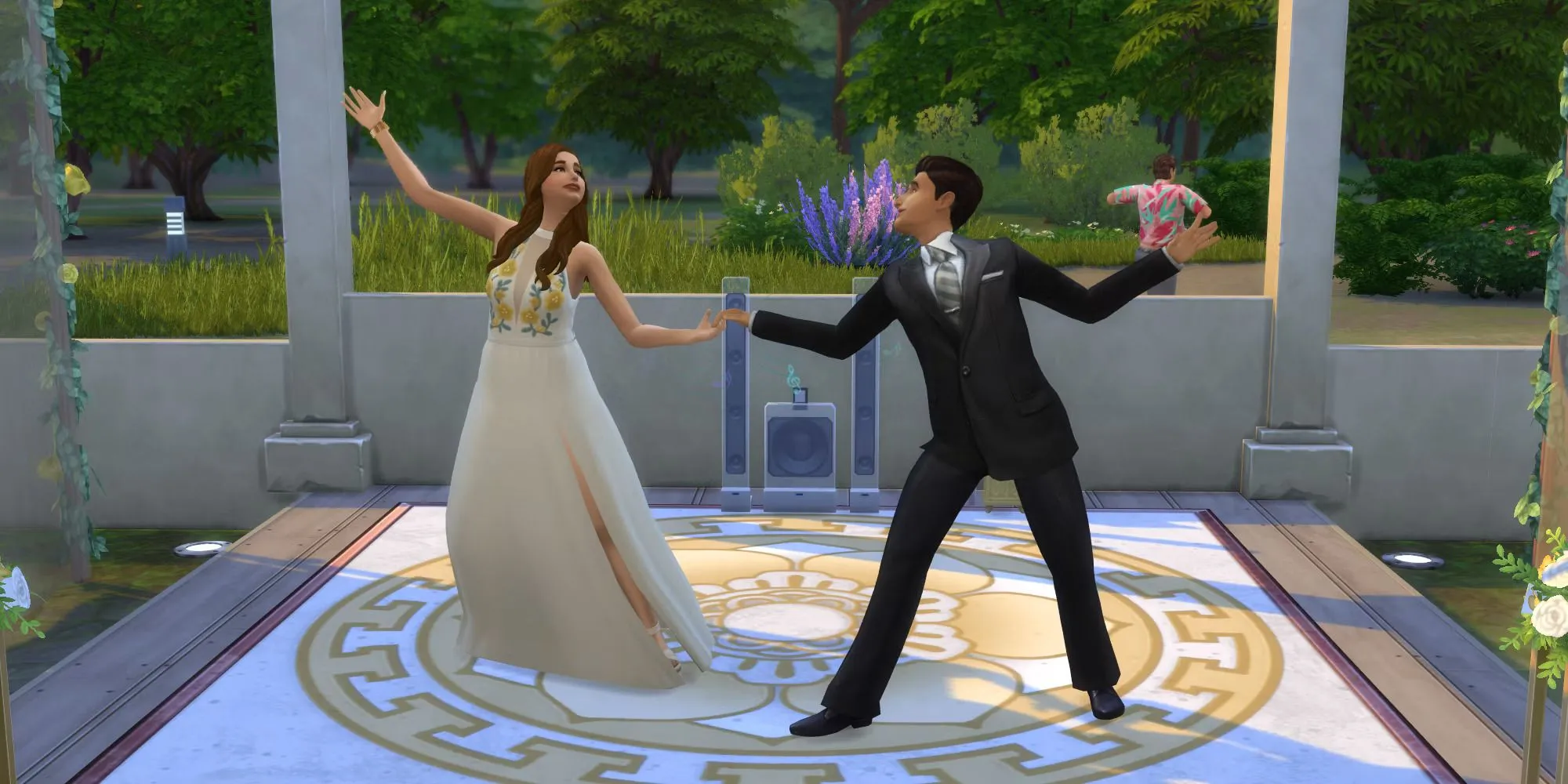 Hai Sims trong trang phục dự tiệc đang khiêu vũ trong The Sims 4