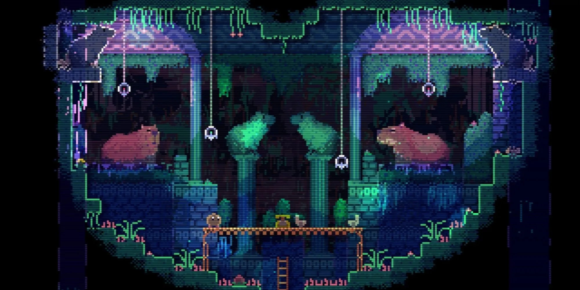 Hầm ngục trái tim chuột lang nước trong Animal Well, hiển thị đồ họa pixel art chi tiết