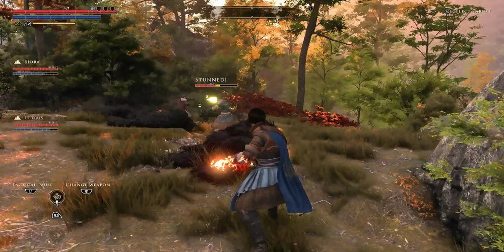 Hành động chiến đấu ma thuật trong Greedfall với hiệu ứng phép thuật rực rỡ