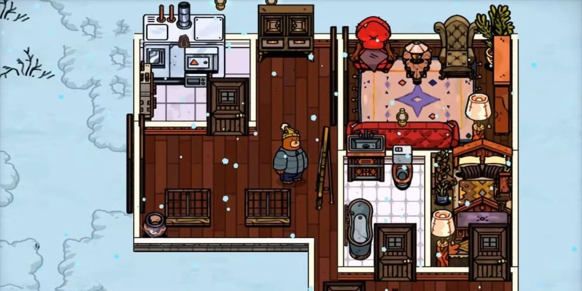 Hank, chú gấu trong game Bear and Breakfast, đứng tại một khu nghỉ dưỡng mà anh ta đang quản lý.