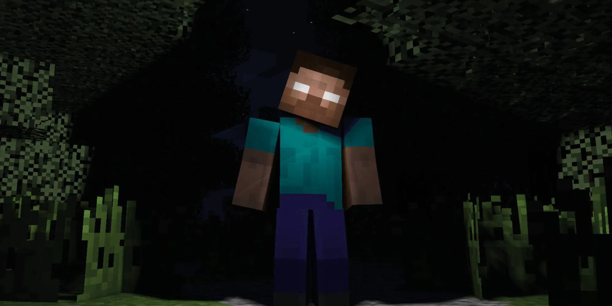 Herobrine xuất hiện trong khu rừng tối trong Minecraft