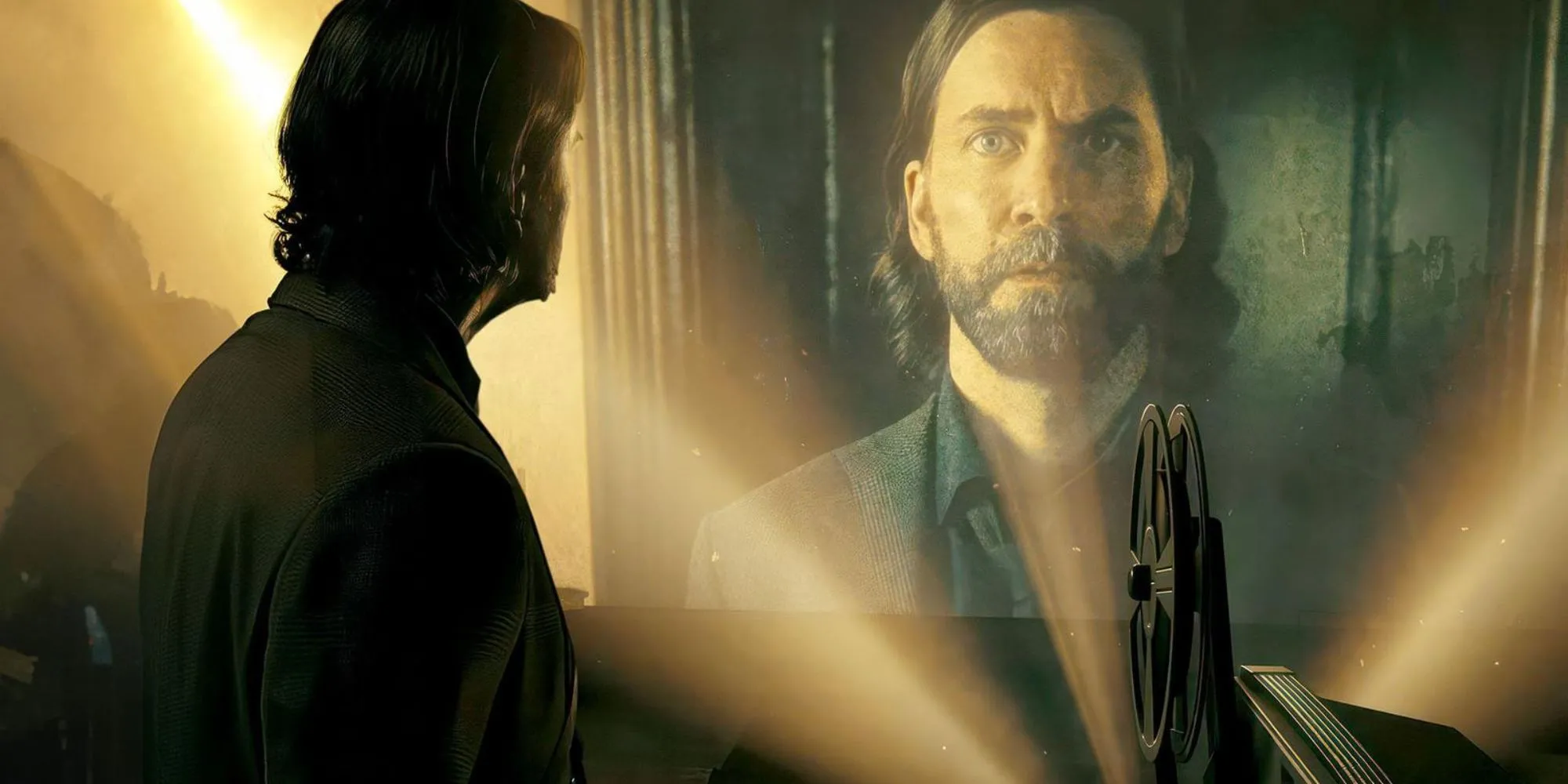 Hình ảnh Alan Wake nhìn bản thân trên máy chiếu phim trong Alan Wake 2