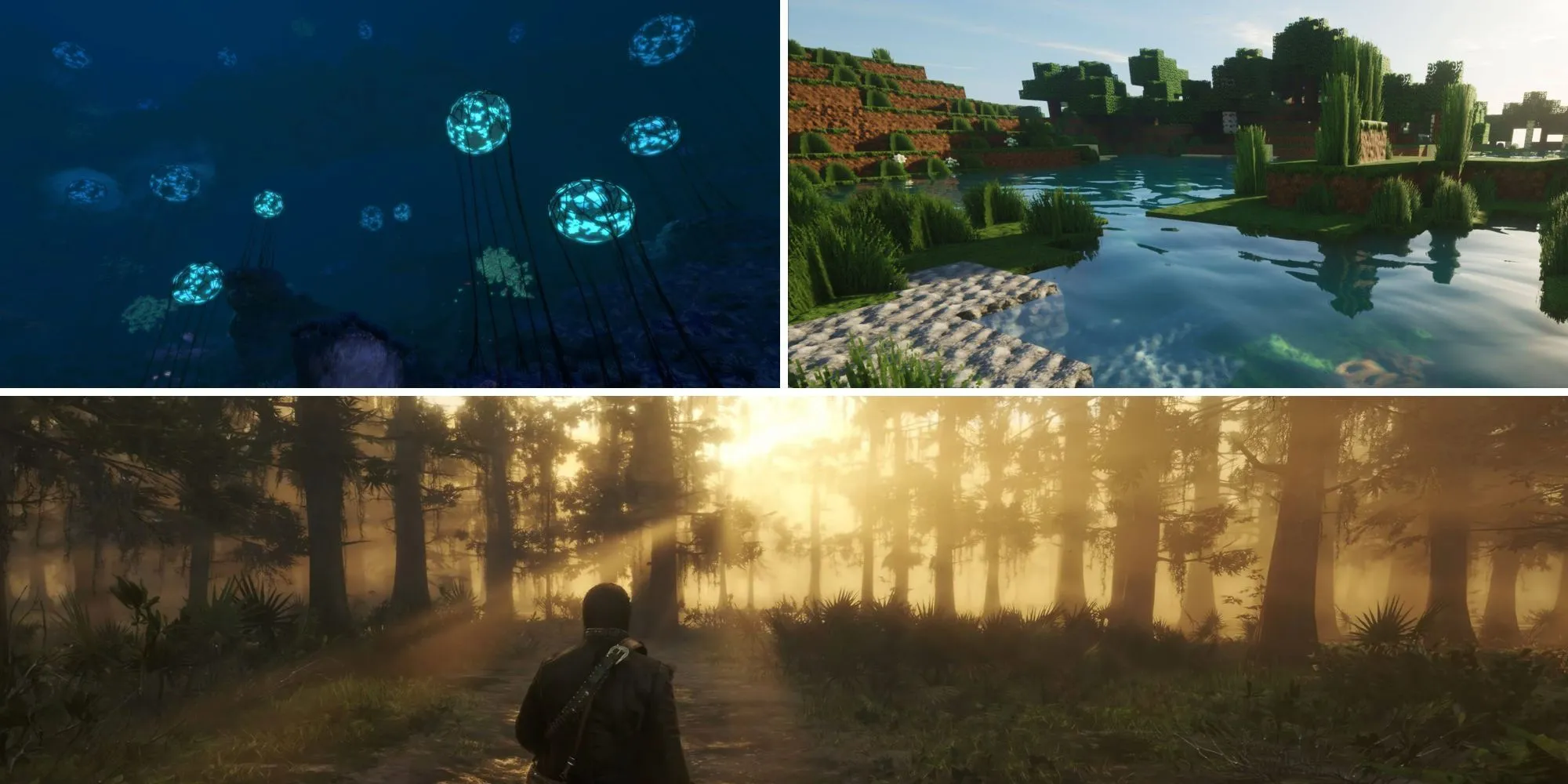 Hình ảnh các tựa game Subnautica, Minecraft và Red Dead Redemption 2 đại diện cho các thế giới mở với hệ sinh thái đa dạng.
