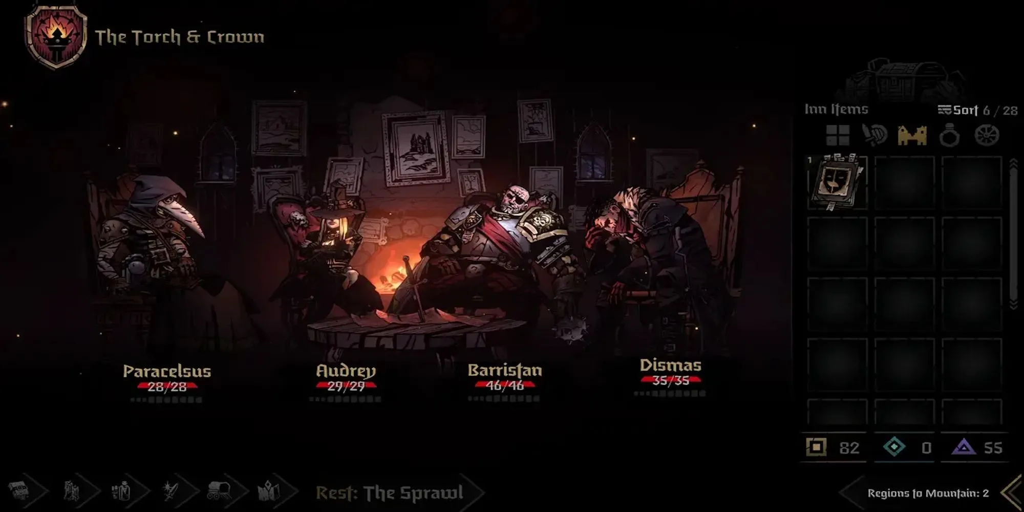 Hình ảnh chiến đấu theo lượt trong Darkest Dungeon, hiển thị đội hình các anh hùng đối mặt với quái vật trong một ngục tối u ám.