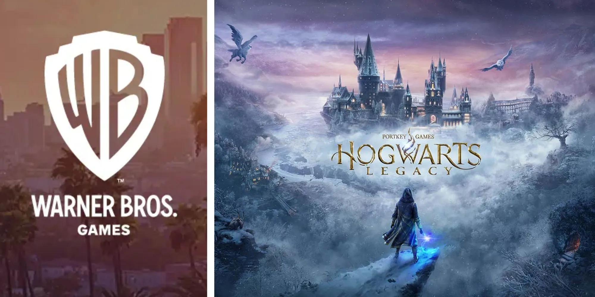 Hình ảnh đại diện Warner Bros. Games và logo Hogwarts Legacy, nhấn mạnh kế hoạch phát triển thương hiệu