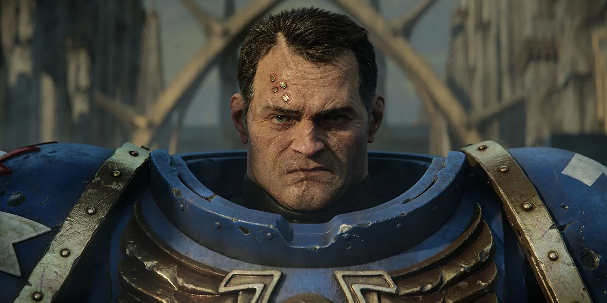 Hình ảnh Đại úy Titus của Space Marines với bộ giáp xanh đặc trưng, sẵn sàng chiến đấu chống lại bầy Tyranid trong Warhammer 40,000: Space Marine II
