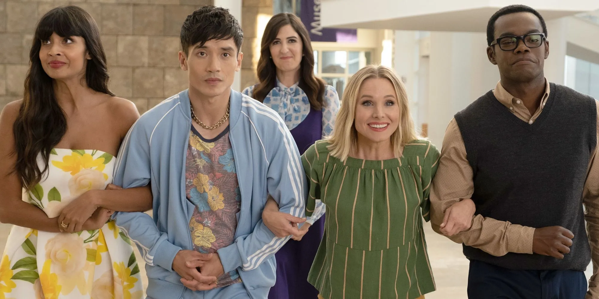 Hình ảnh dàn diễn viên chính của The Good Place, tiềm năng cho game RPG giải đố và đạo đức