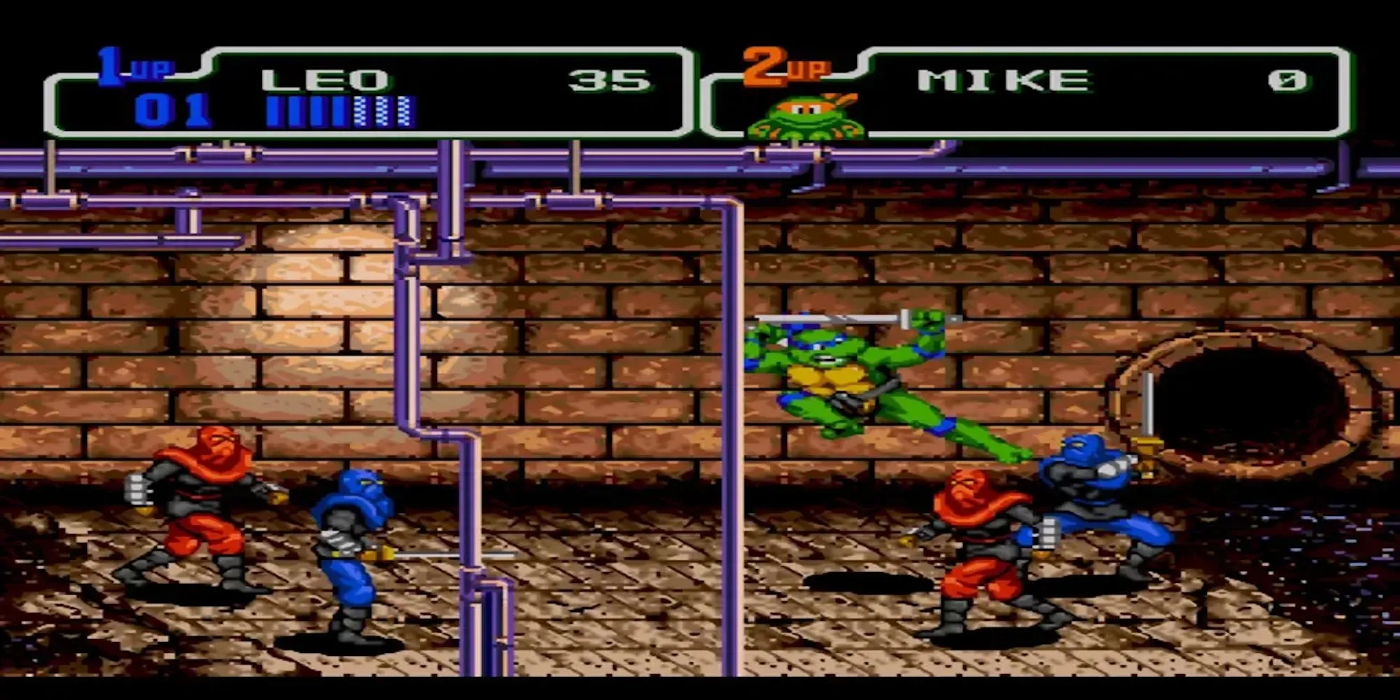 Hình ảnh gameplay của TMNT The Hyperstone Heist trên Sega Genesis, hiển thị hành động đi cảnh