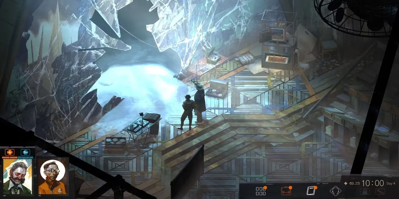 Hình ảnh gameplay từ trò chơi Disco Elysium hiển thị nhân vật chính và giao diện hội thoại đặc trưng