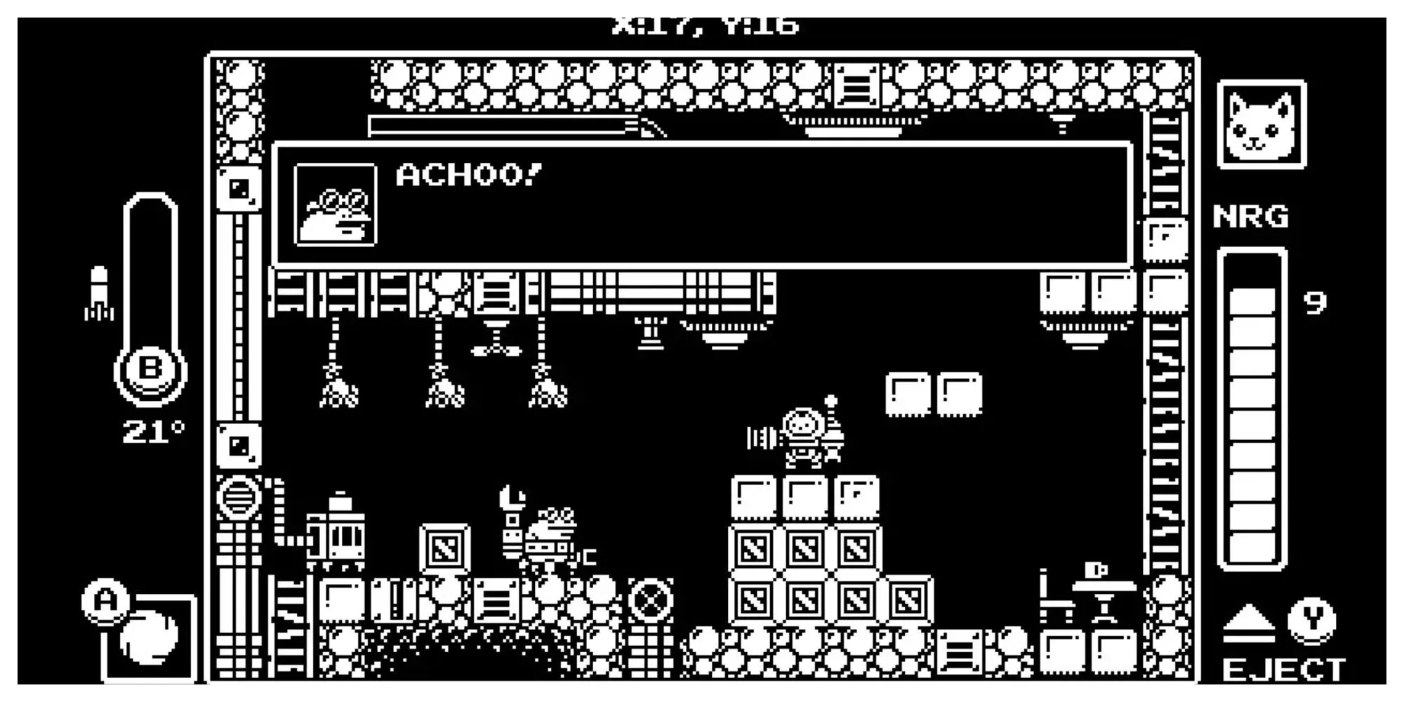 Hình ảnh Gato Roboto, một tựa game Metroidvania pixel art với chú mèo trong bộ giáp robot