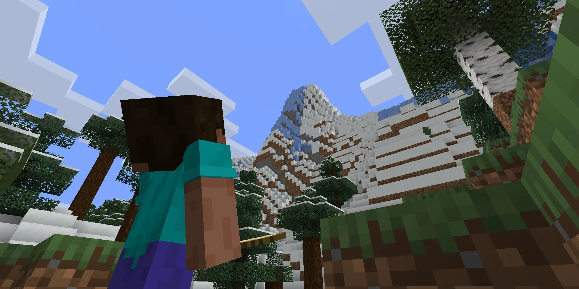 Hình ảnh Minecraft với nhân vật Steve nhìn lên vách đá lớn