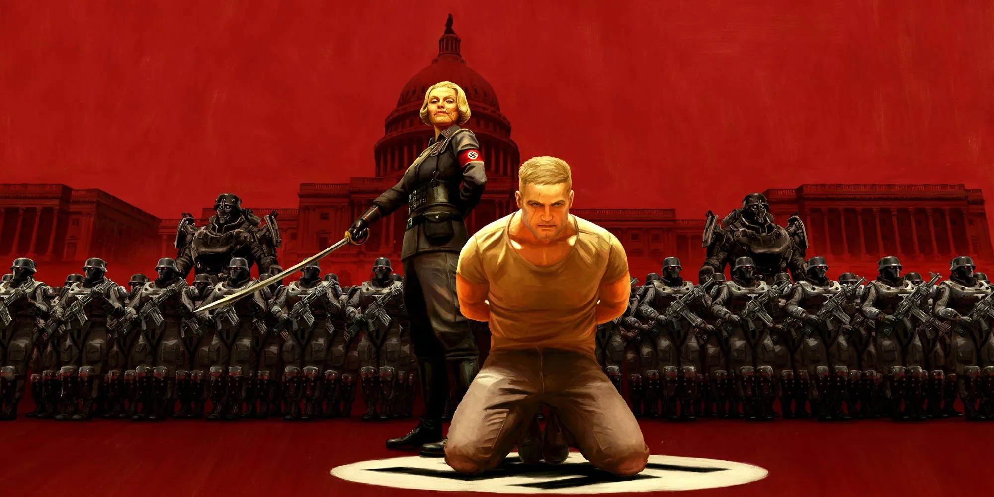 Hình ảnh nhân vật B.J. Blazkowicz đối đầu với trùm phát xít Frau Engel trong Wolfenstein: The New Colossus