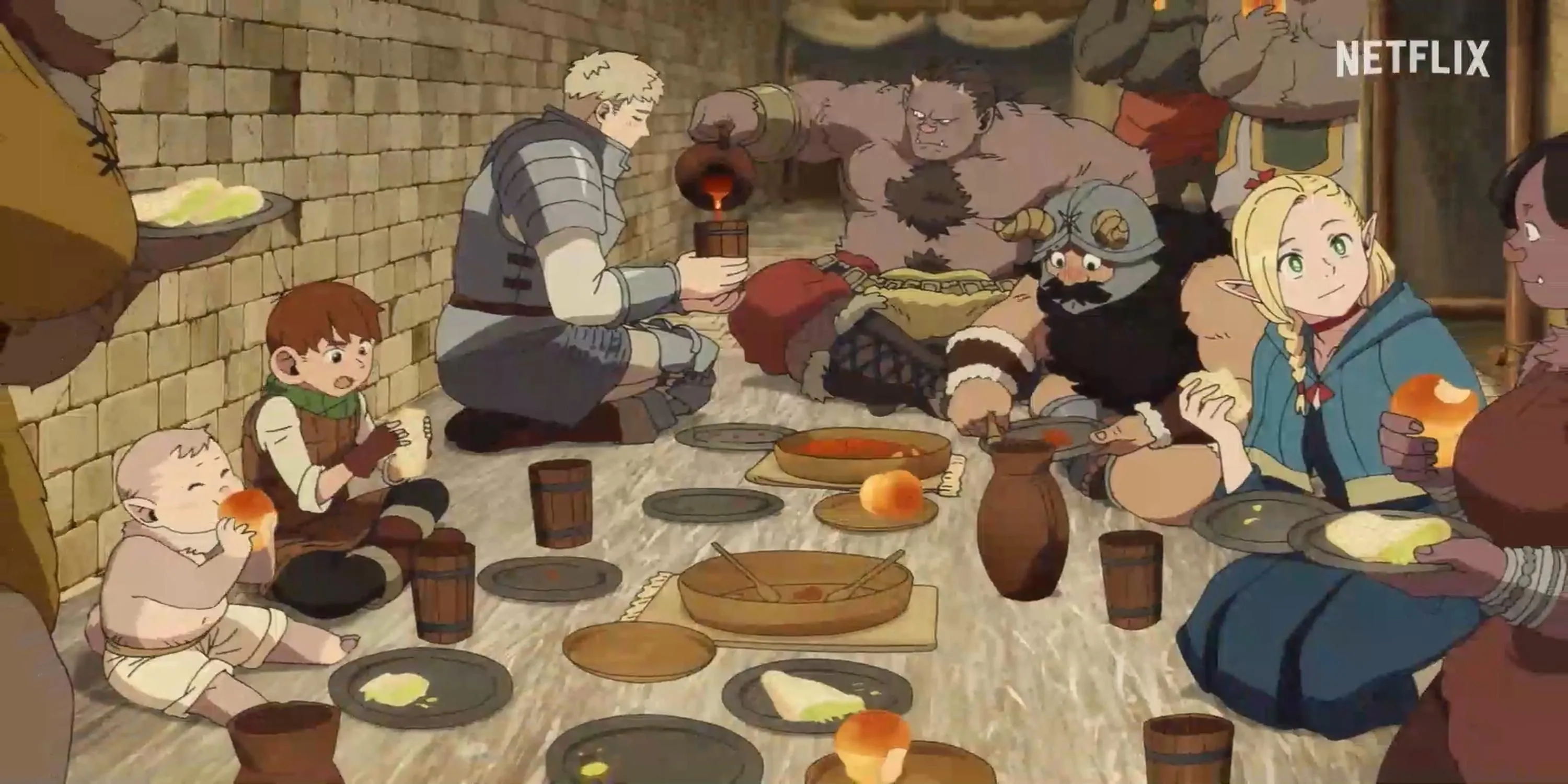 Hình ảnh nhóm thám hiểm trong anime Delicious In Dungeon đang chuẩn bị nấu ăn, tiềm năng cho JRPG với cơ chế nấu ăn đặc sắc