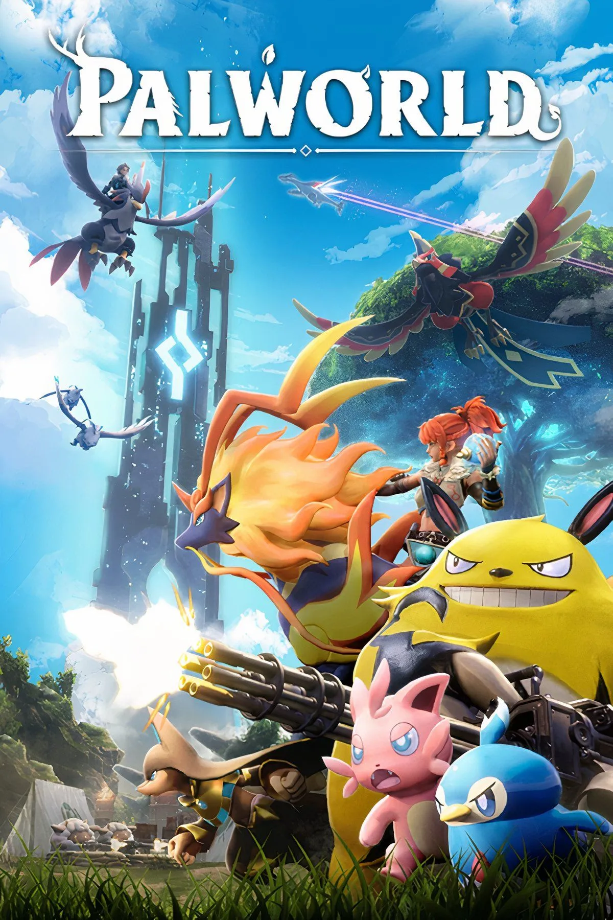 Hình ảnh tổng hợp các Pal và người chơi trong môi trường game Palworld, thể hiện cơ chế sinh tồn và thu thập quái vật