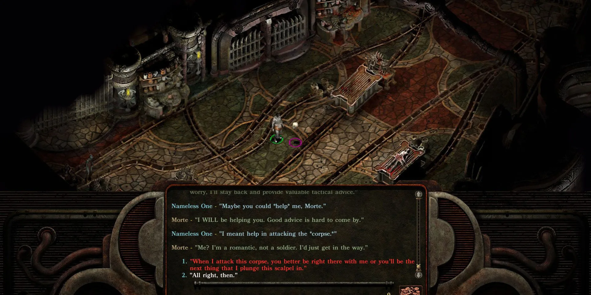Hình ảnh từ Planescape: Torment hiển thị nhân vật The Nameless One và các đồng đội trong một môi trường kỳ ảo, đậm chất D&amp;D