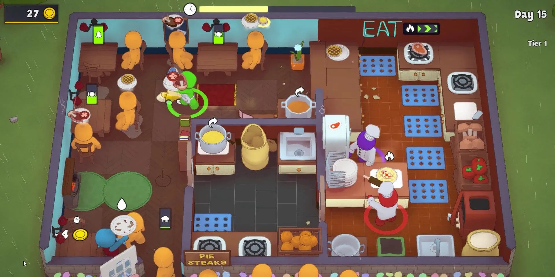 Hoạt động trong căn bếp nhà hàng của game PlateUp!, các đầu bếp tí hon đang chế biến và phục vụ món ăn