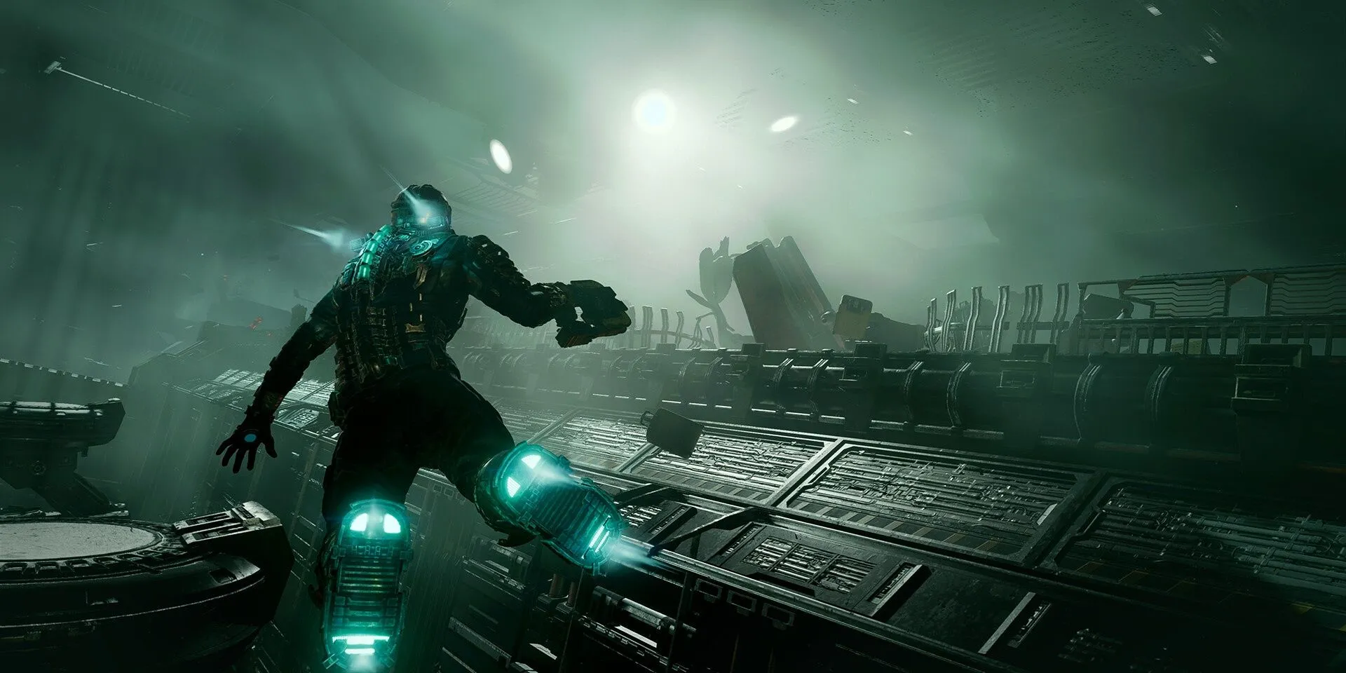 Isaac Clarke trong môi trường không trọng lực trên tàu Ishimura trong Dead Space Remake, làm nổi bật không gian đáng sợ.