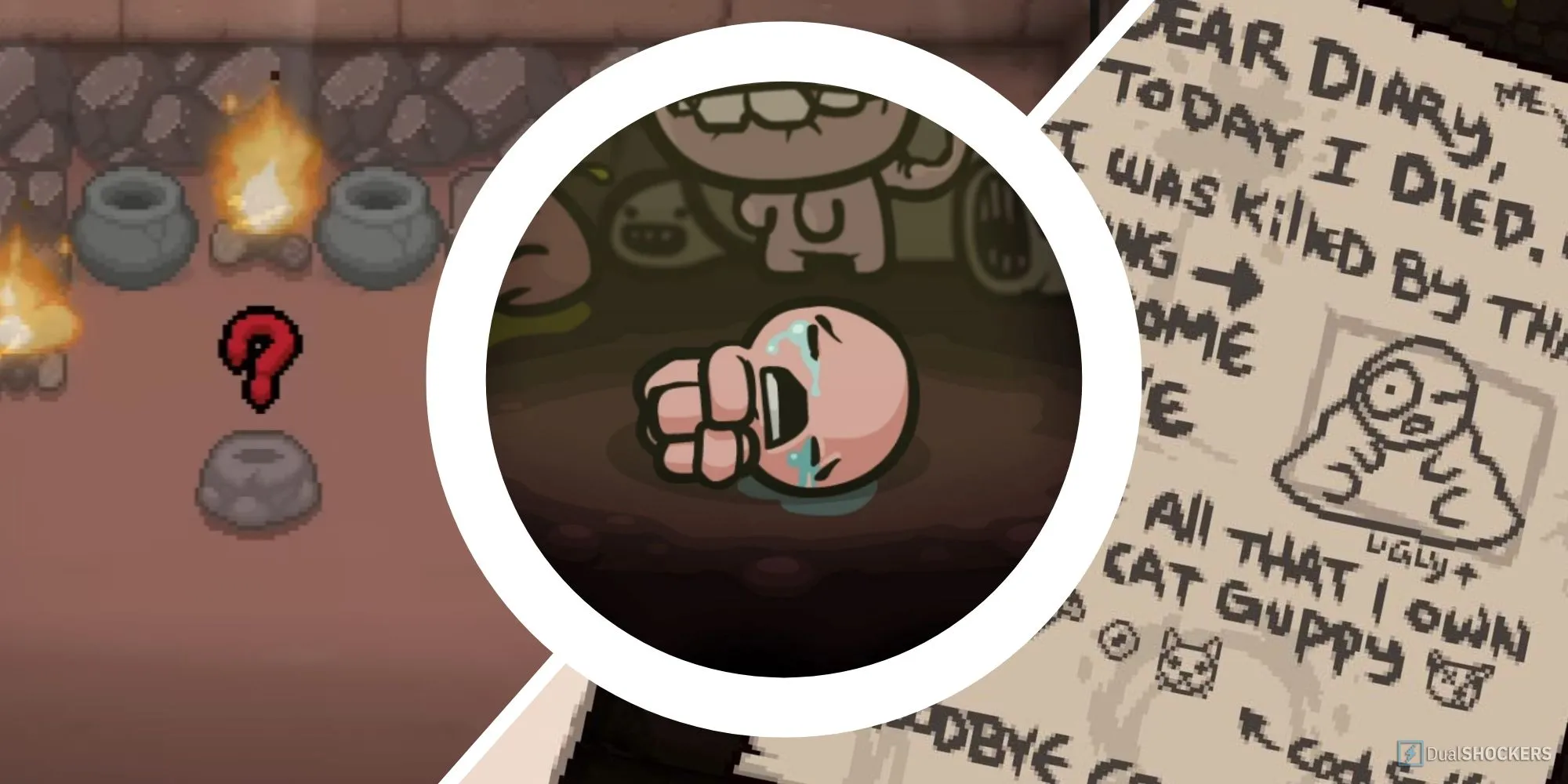 Isaac đang khóc trên mặt đất với một vật phẩm bị che khuất trên bệ và màn hình game over của The Binding of Isaac