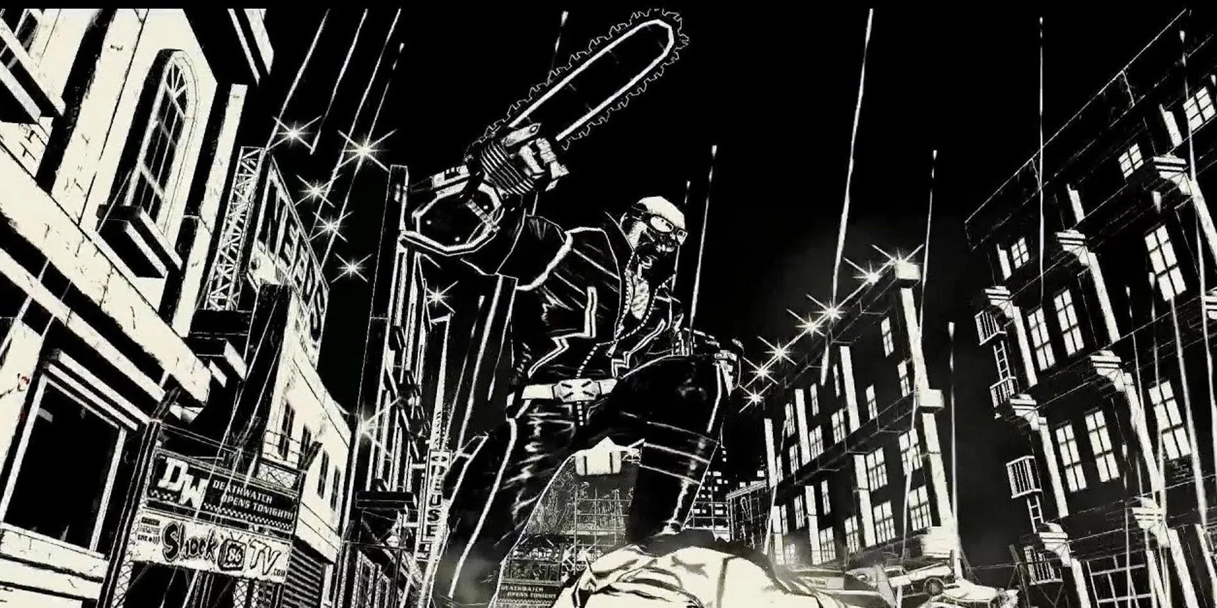 Jack cầm cưa máy sẵn sàng chiến đấu trong game MadWorld trên Wii