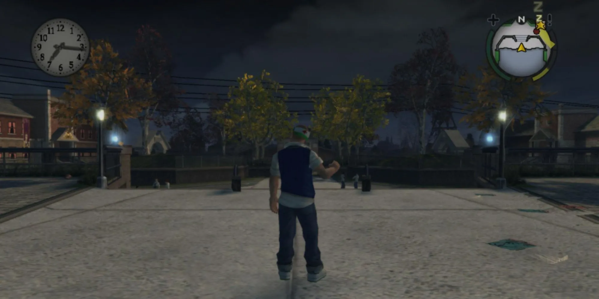 Jimmy Hopkins trong game Bully tại khuôn viên học viện Bullworth vào ban đêm, một thế giới học đường đầy rẫy trò quậy phá.