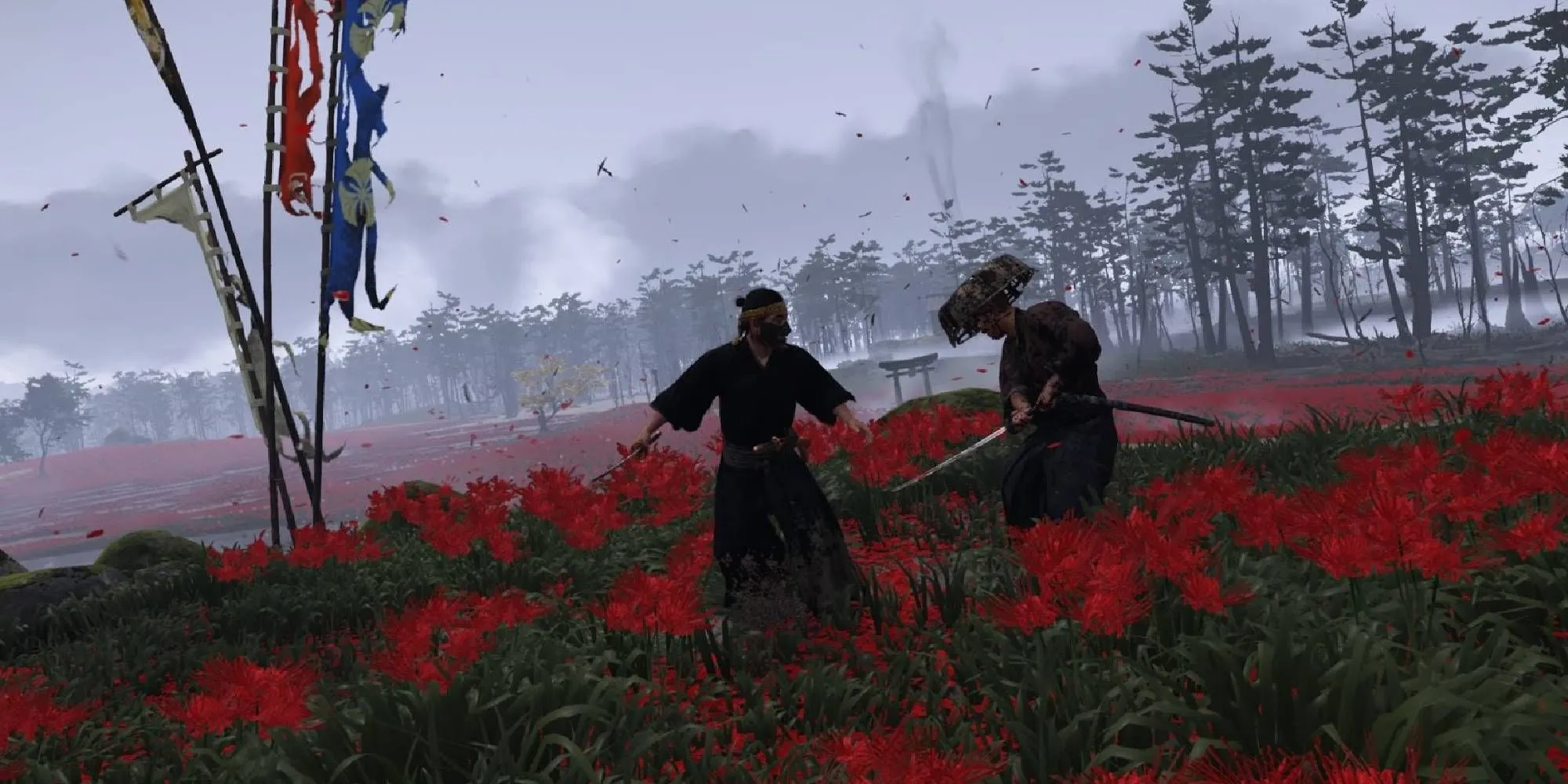 Jin Sakai trong trận quyết đấu giữa rừng hoa bỉ ngạn đỏ rực trong Ghost of Tsushima
