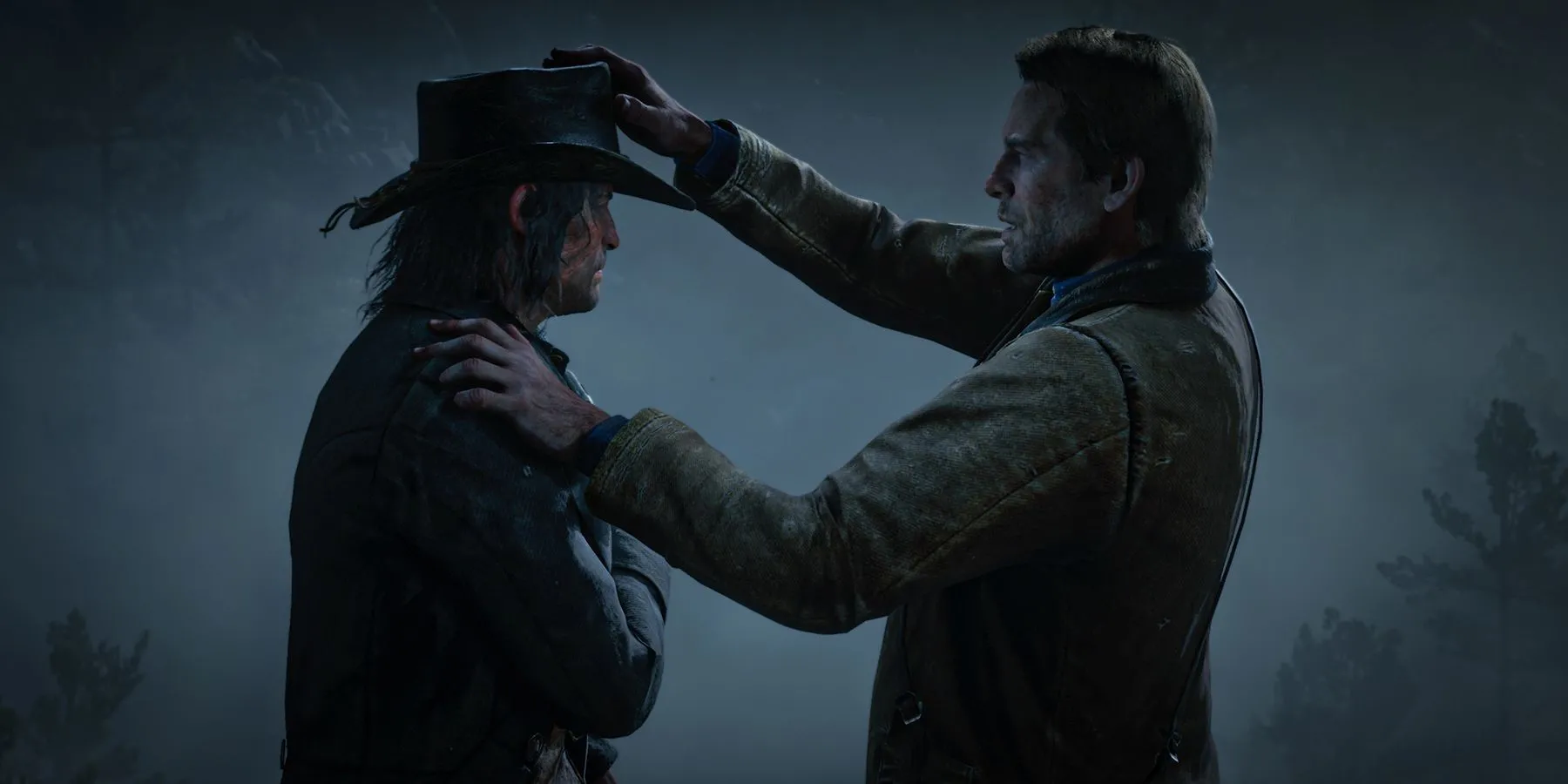 Khoảnh khắc Arthur Morgan trao lại chiếc mũ cho John Marston trong Red Dead Redemption 2, thể hiện chiều sâu cốt truyện.