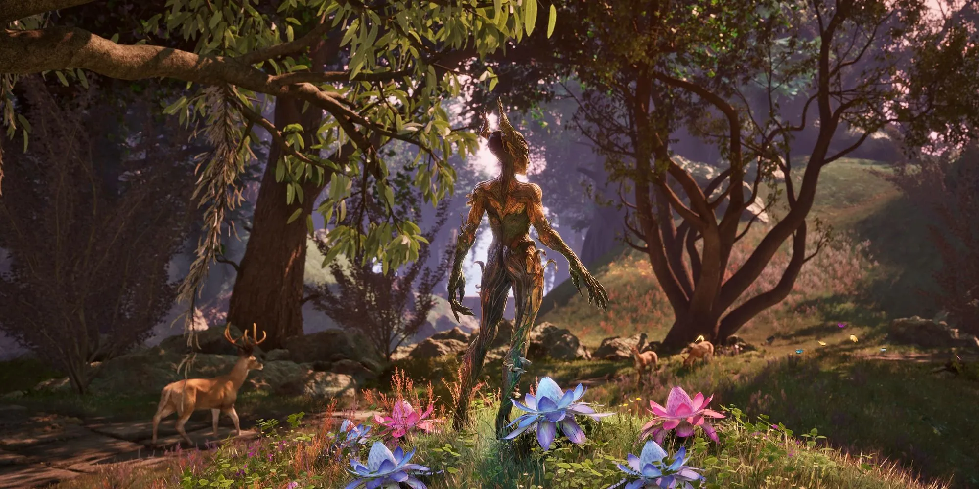 Khung cảnh khu rừng trong game Oblivion Remastered với nhân vật NPC đứng giữa