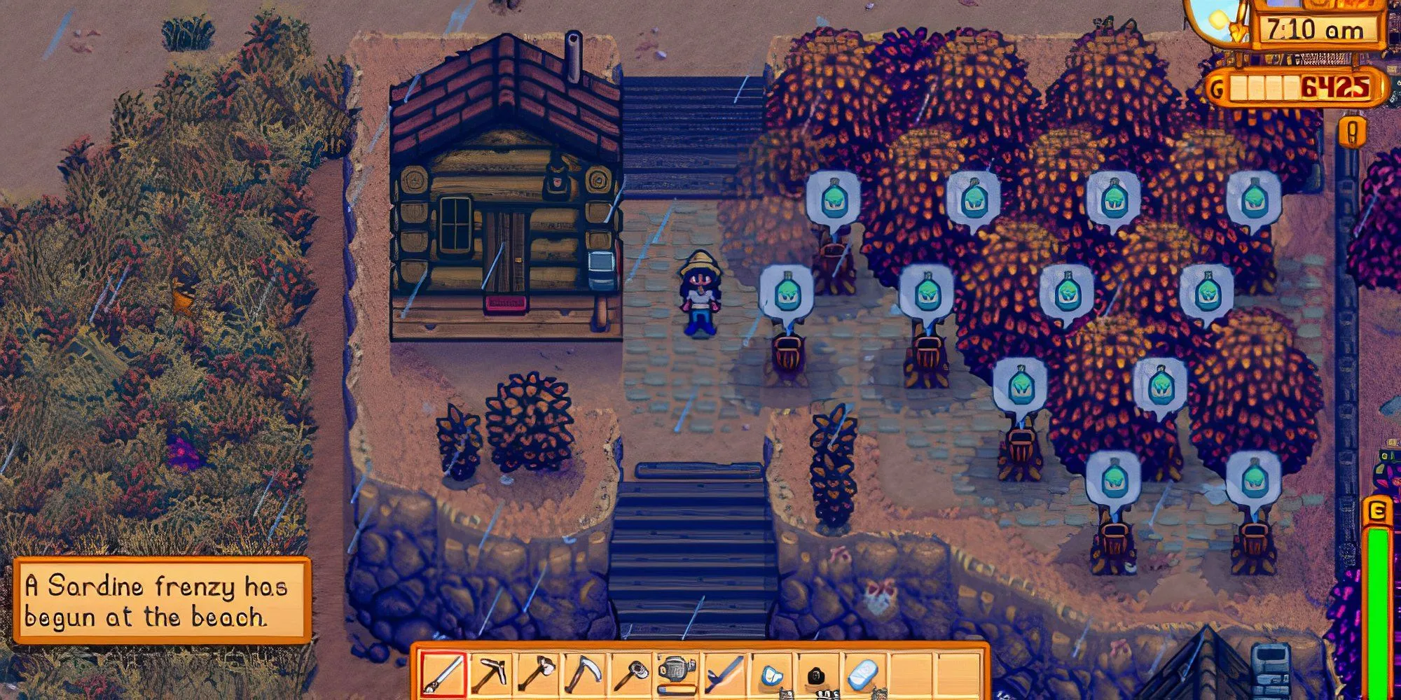 Khung cảnh núi non hùng vĩ trong Stardew Valley với cây cối và hồ nước, tạo cảm giác yên bình.