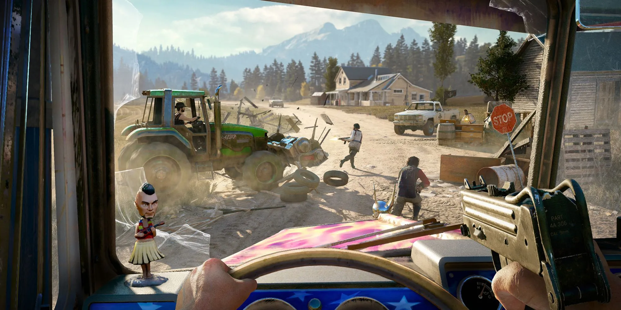 Khung cảnh vùng nông thôn Hope County, Montana trong Far Cry 5 với núi non và đồng cỏ bao la