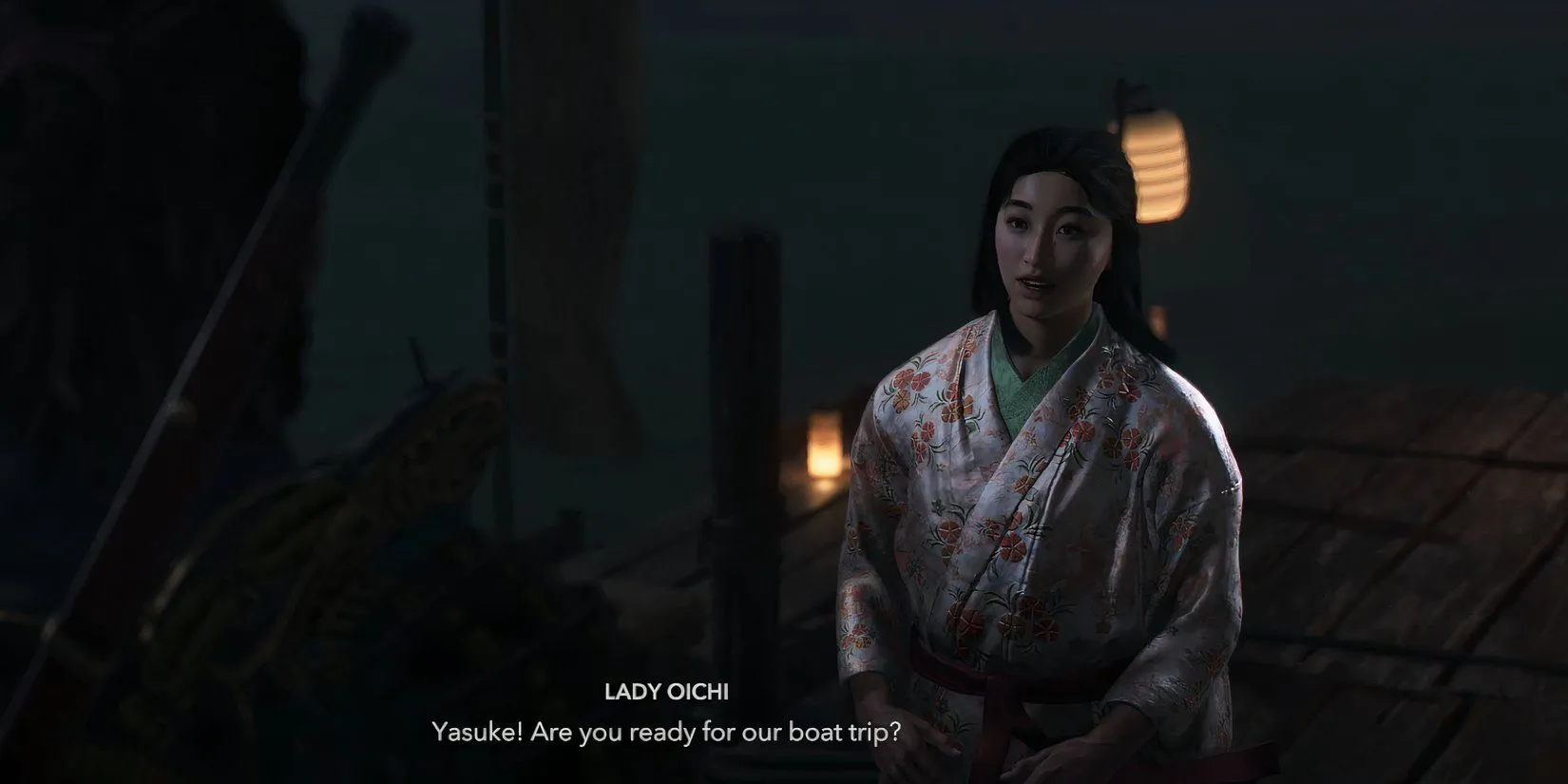 Lady Oichi chờ Yasuke tại bến tàu Isakiji Temple trong nhiệm vụ A Prayer for Omi
