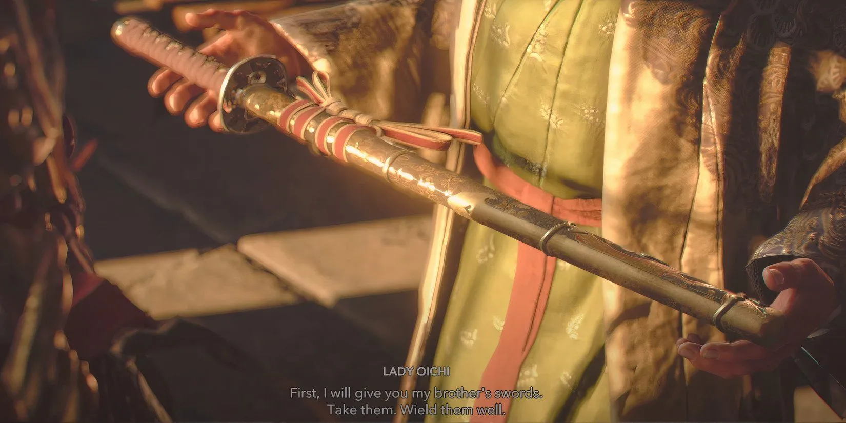 Lady Oichi trao cho Yasuke thanh kiếm Myth Slayer sau khi hoàn thành nhiệm vụ The Mourner