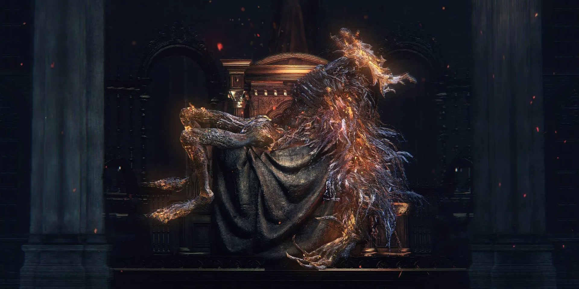 Laurence, The First Vicar từ Bloodborne đang ngồi trên ngai vàng, toàn thân bốc cháy