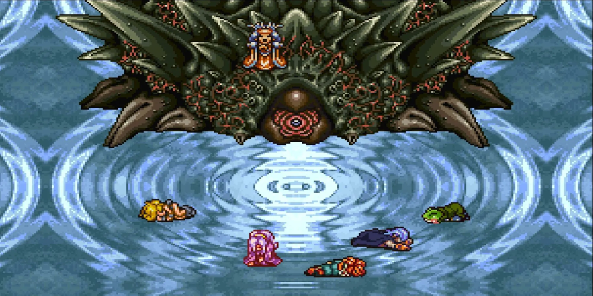 Lavos, trùm cuối đáng sợ từ Chrono Trigger, lơ lửng trên nhóm nhân vật chính đã thất bại trong một cảnh đấu boss JRPG cổ điển.