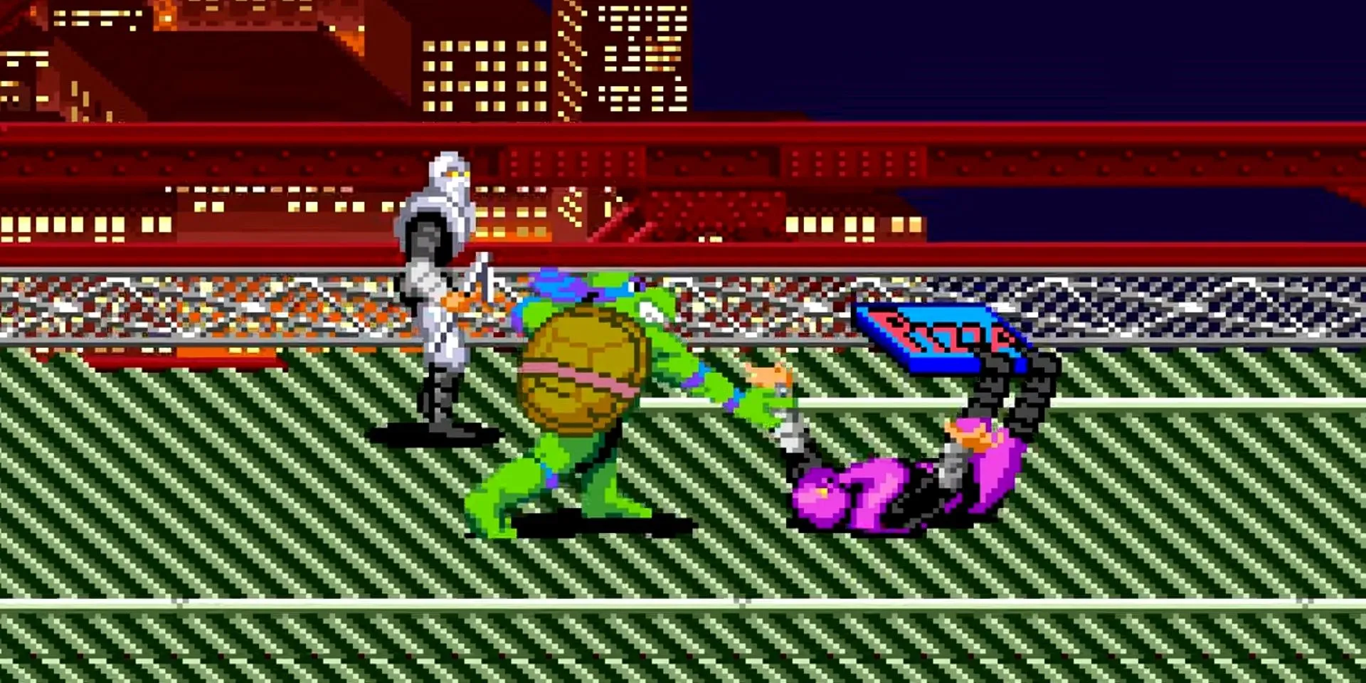 Leonardo ném một lính Foot lên trời trong Teenage Mutant Ninja Turtles: Turtles in Time