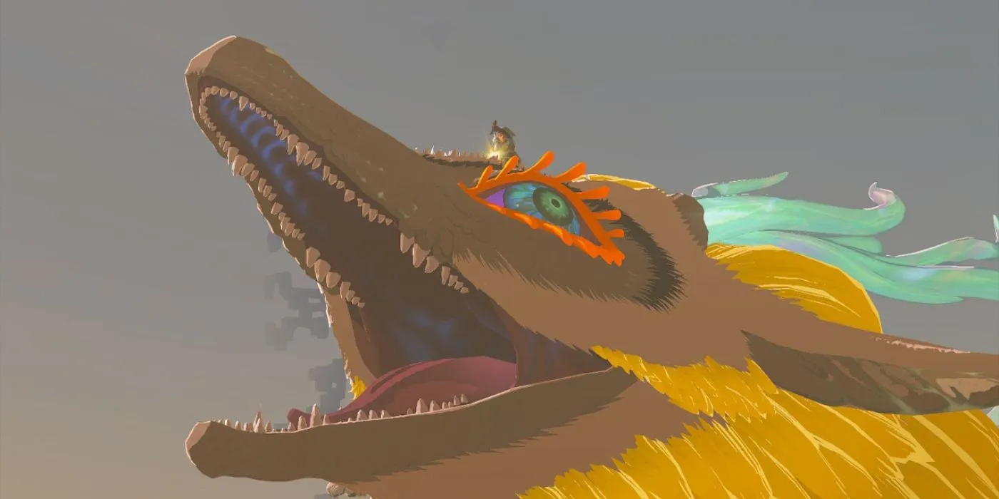 Link cưỡi Rồng Ánh Sáng trên bầu trời Hyrule trong Zelda Tears of the Kingdom, Master Sword cắm trên đầu rồng