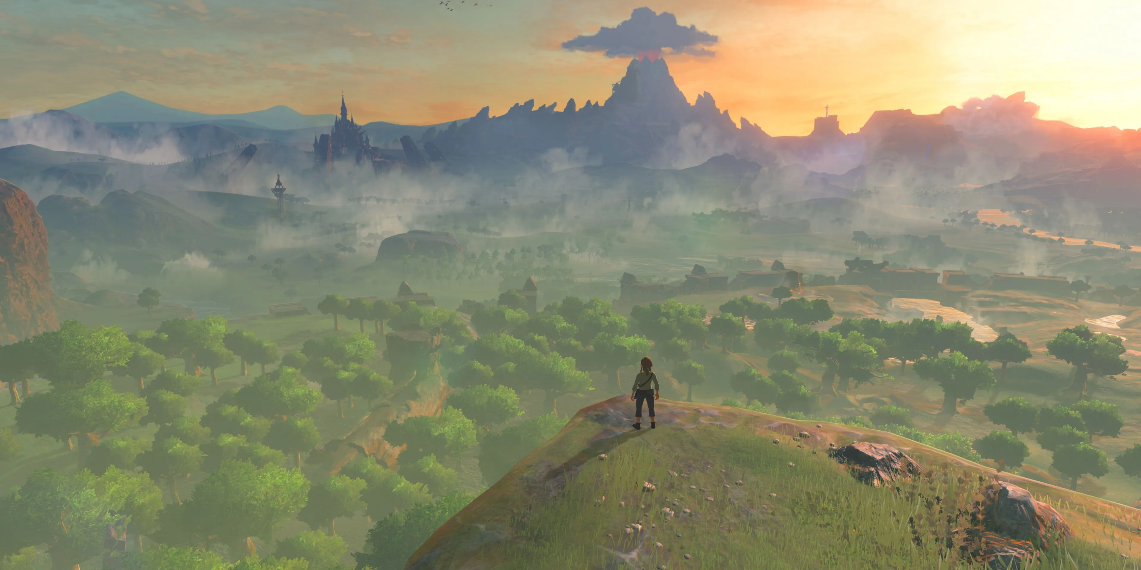 Link đang khám phá thế giới mở rộng lớn và tuyệt đẹp của Legend of Zelda: Breath of the Wild.