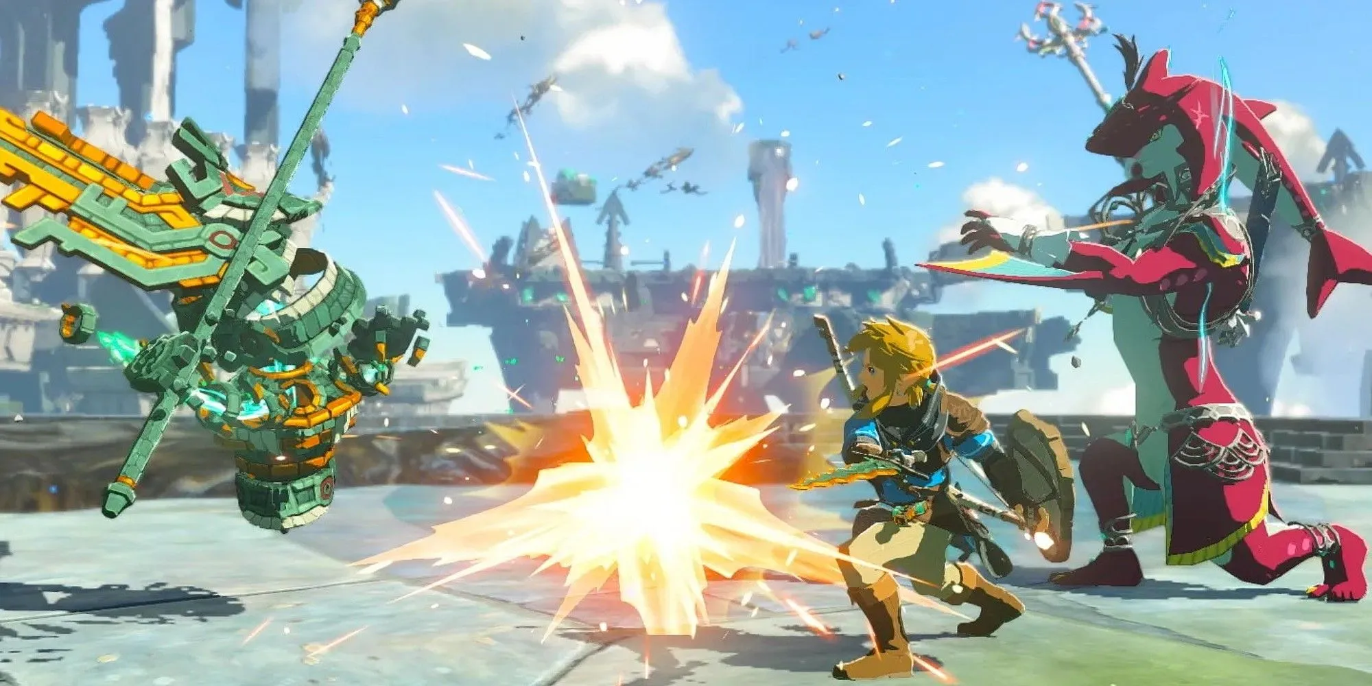 Link sử dụng năng lực Ultrahand trong Zelda: Tears of the Kingdom, tuyệt tác chế tạo của thế giới mở hiện đại.