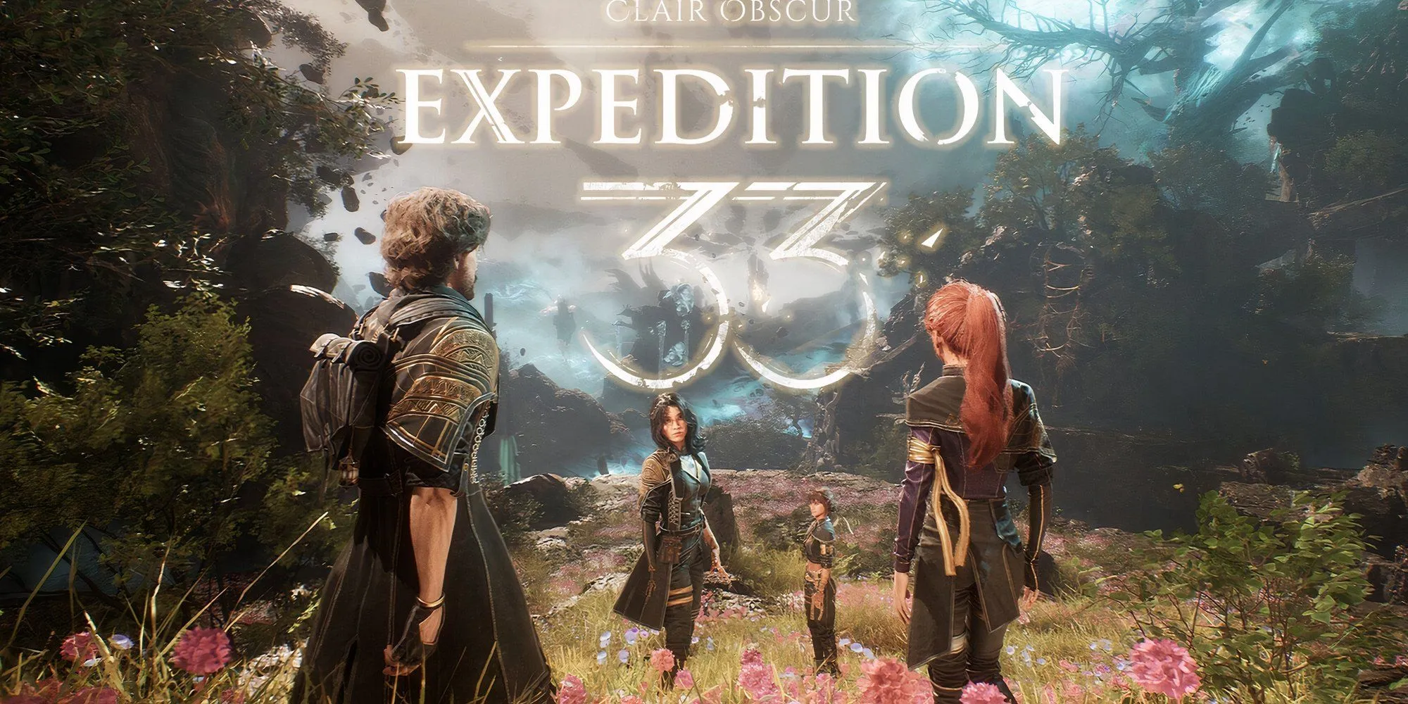 Logo game Clair Obscur Expedition 33 và bốn nhân vật phiêu lưu chính