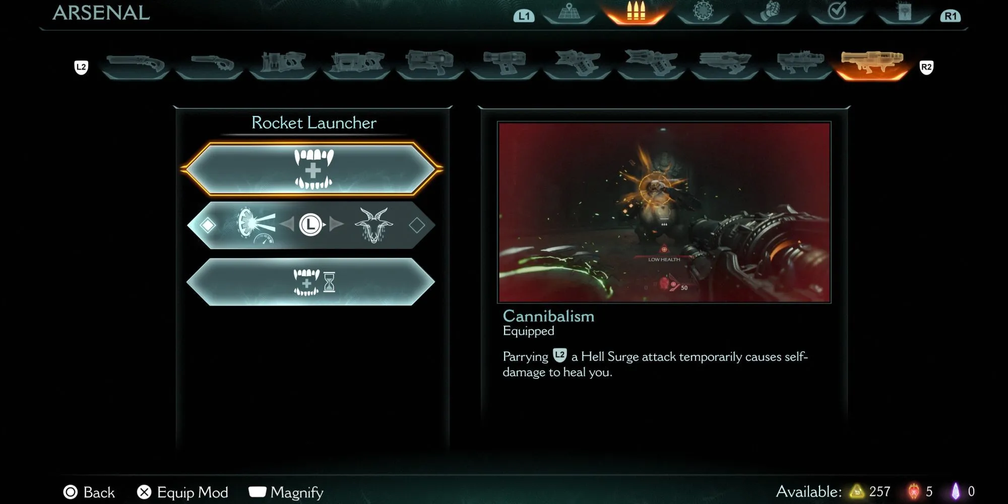 Màn hình nâng cấp vũ khí Cannibalism cho Rocket Launcher trong DOOM The Dark Ages