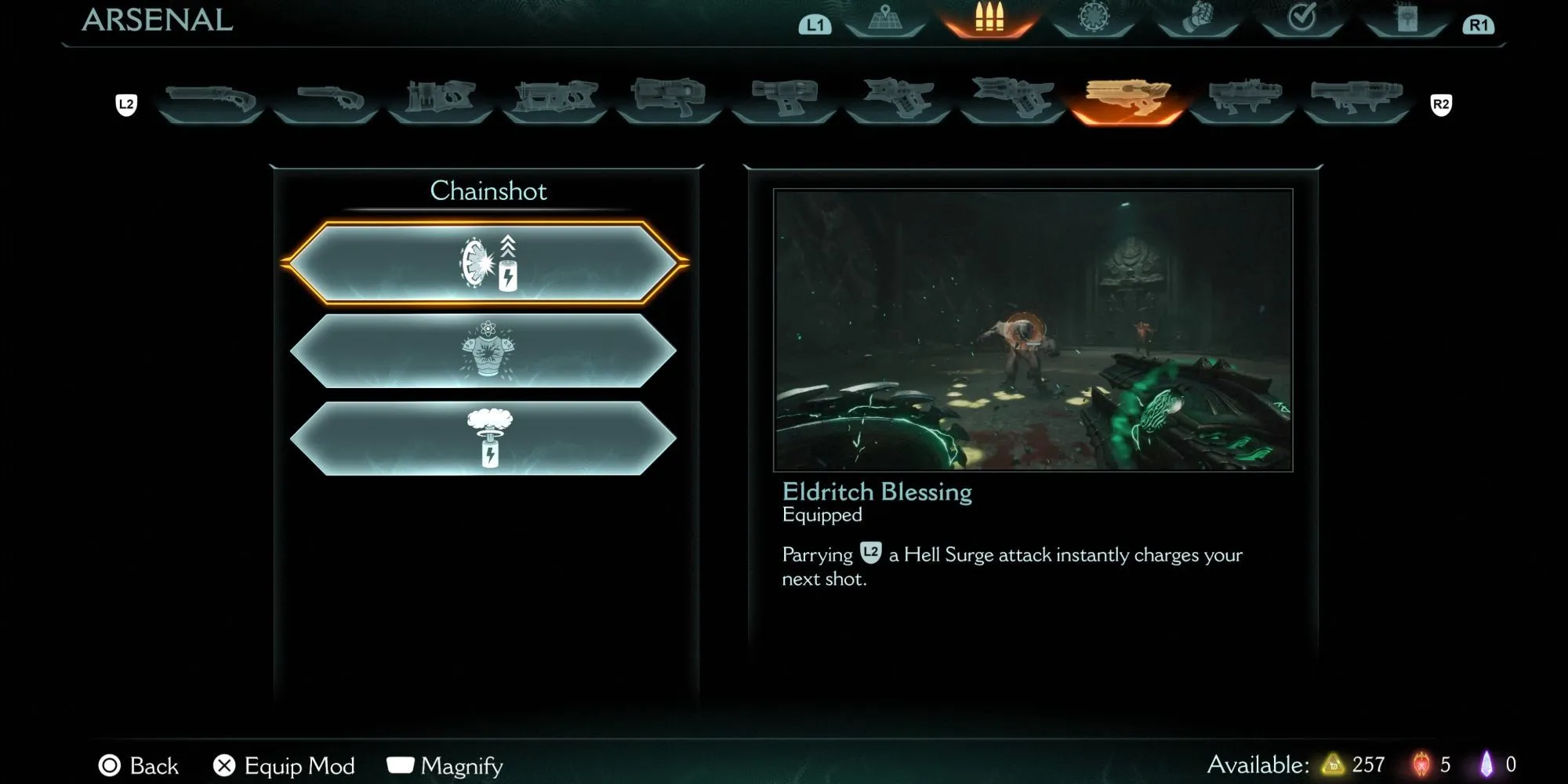 Màn hình nâng cấp vũ khí Eldritch Blessing cho Chainshot trong DOOM The Dark Ages