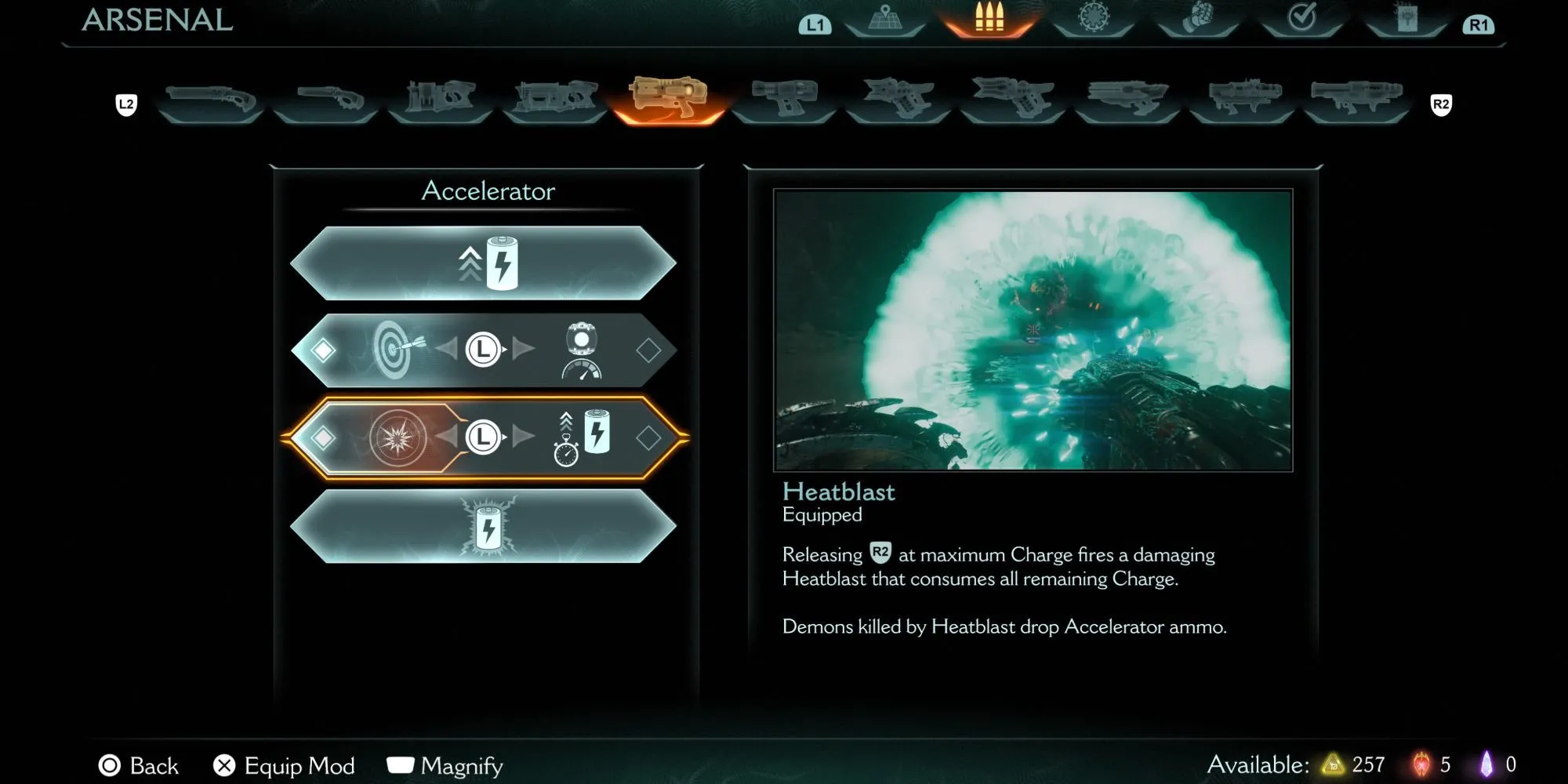 Màn hình nâng cấp vũ khí Heatblast cho Accelerator trong DOOM The Dark Ages