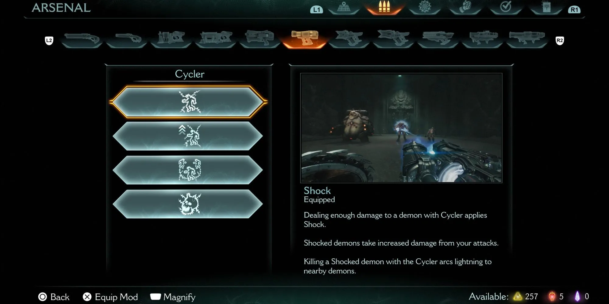 Màn hình nâng cấp vũ khí Shock cho Cycler trong DOOM The Dark Ages